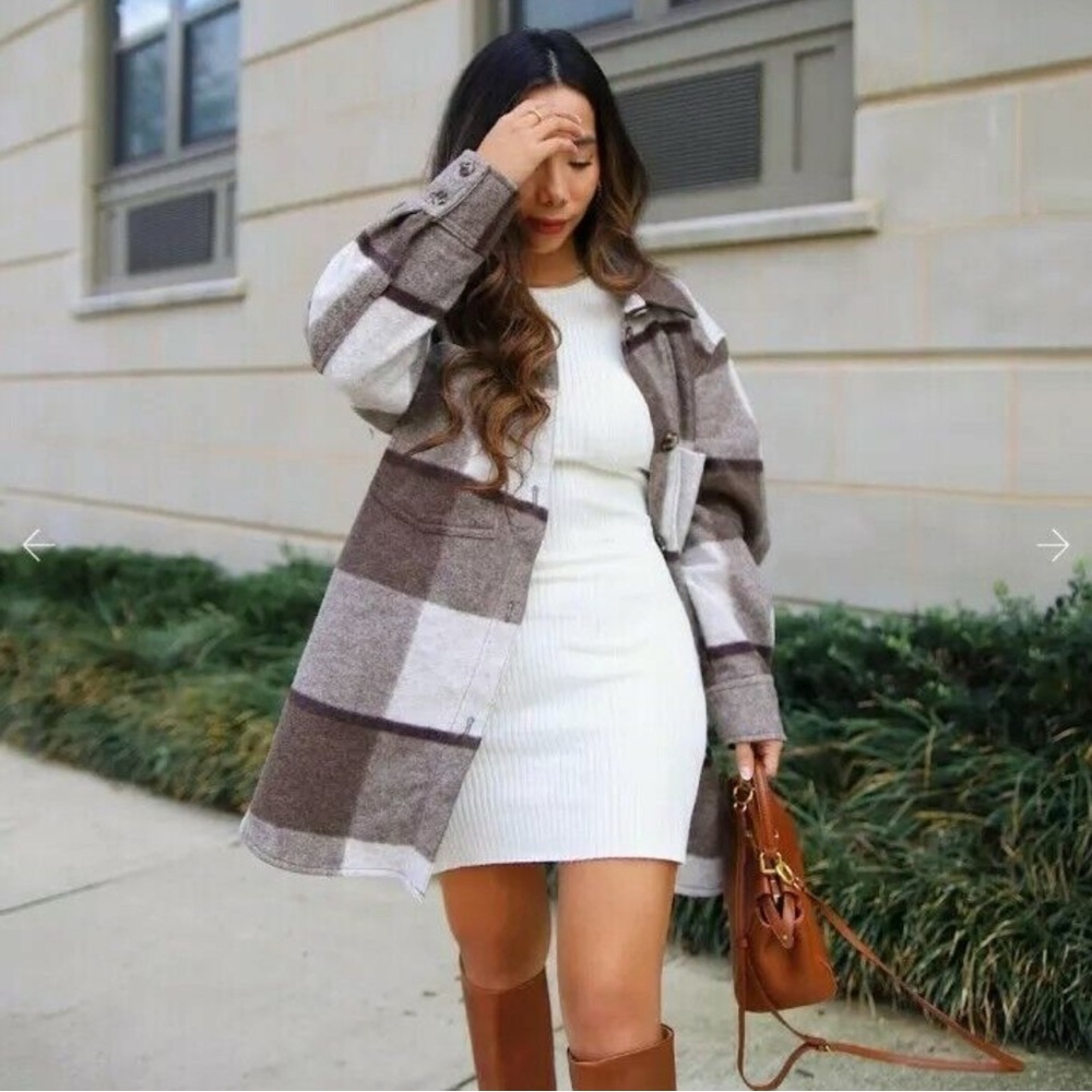 H&M Ladies Brown Checked Felted Shirt Jacket Shacket Size Small BLOGGERS Fav